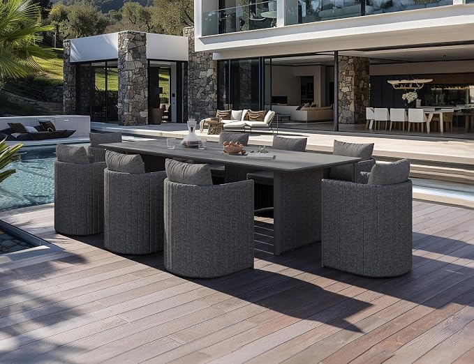 PURPLE LEAF 102-Inch Aluminum Patio Dining Set for Luxury Homeowners, 9-Piece Outdoor Furniture Rectangular Table and Chairs Set with Olefin Cushions and Pillows for Backyard Poolside Hosting Grey