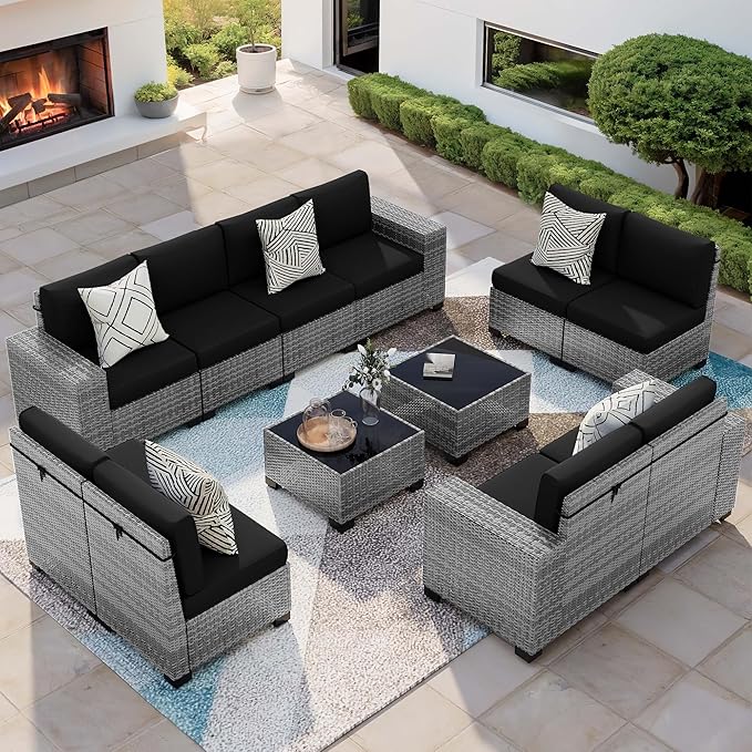 Patio Furniture Set, 12 Pieces Outdoor Sectional Sofa Conversation Sets with Waterproof Cover Modern Wicker Seating Set, 4'' Thickened Cushions & 2 Glass Coffee Table, Black