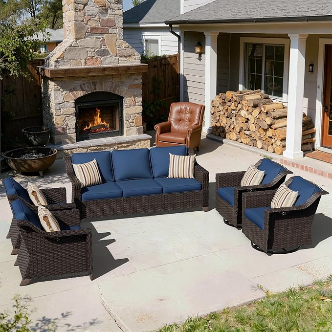 5 Pieces Patio Conversation Furniture Set - 1 Sofa, 2 Armchairs, 2 Swivel Chairs, Outdoor Wicker Furniture with Removable Cushions for Porch, Balcony, Sunroom (Blue)