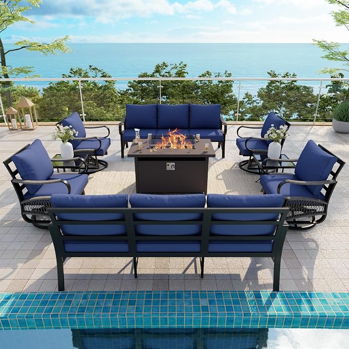 9-Piece Outdoor Furniture Set, Metal Swivel Rocking Chairs with All-Weather Cushions, Patio Conversation Set with Fire Pit Table for Deck, Porch, Garden, Backyard, Poolside (Blue Cushions)