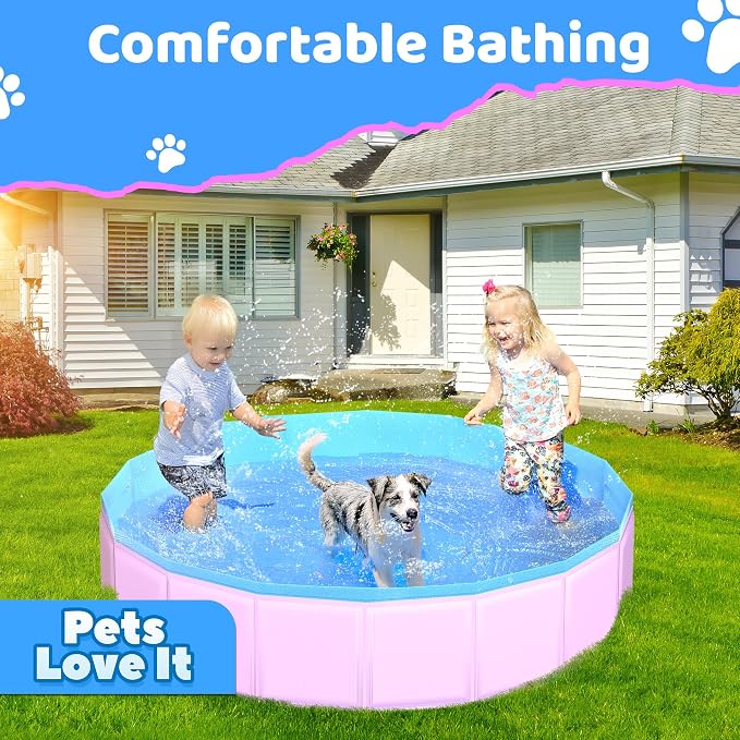 CACSPS 2025 Updated Foldable Dog Pool, 87" x 12" Kiddie Pool with Hard Plastic, Non-Slip Dog Bath Tub for Outdoor Backyard, Collapsible Dog Swimming Pool for Kids Dogs Pets (Pink)