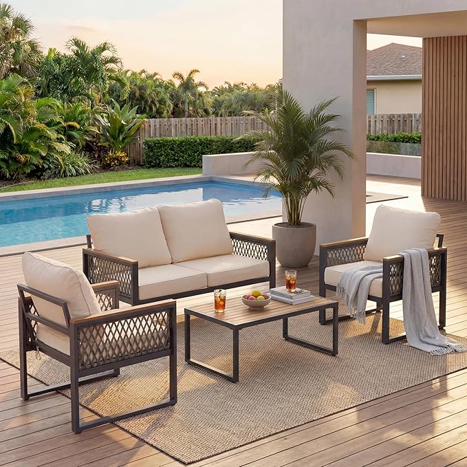 UPHA 4 Pieces Patio Furniture Set, Metal Outdoor Sectional Couch Set with Loveseat Sofa, 2 Chairs, Coffee Table, Modern Patio Conversation Set for Porch Balcony Deck, 4 Seats, Beige