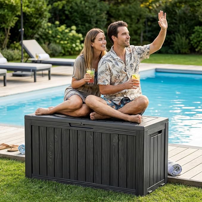 DRATO 90 Gallon Waterproof Outdoor Resin Deck Box, Lockable Storage Box Equipped with Wheels, Weather Resistant Organizer for Backyard Patio Furniture, Pool Goods and Garden Tools, Black