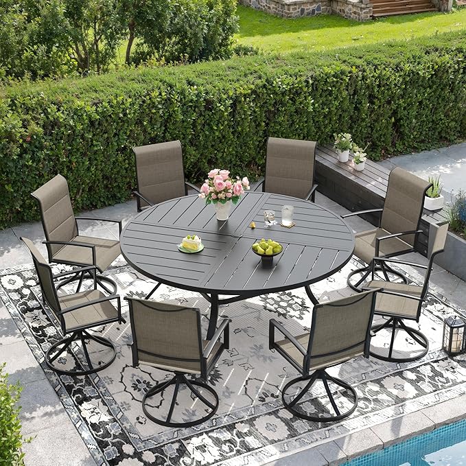 DIFY 9 Piece Outdoor Dining Set, Metal Patio Table and Chairs Set, 59.8" Black Round Dining Table & 8 Brown Padded Textilene Swivel Patio Chairs, Outdoor Furniture Set for Garden Backyard Porch
