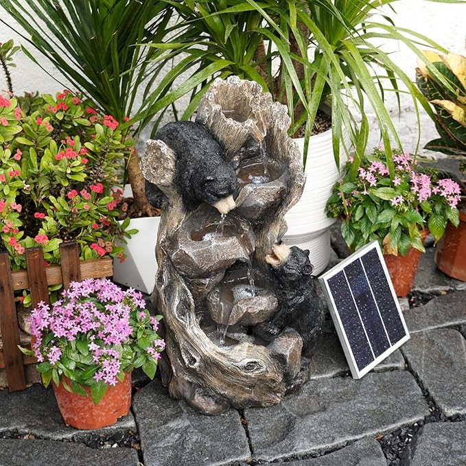 YZM Solar Water Fountain Outdoor Garden 22.83''H 5 Tiers Bear Cascade Outdoor Fountain with Solar Panel Resin Garden Flowing Water Decor for Patio, Yard, Porch, Lawn