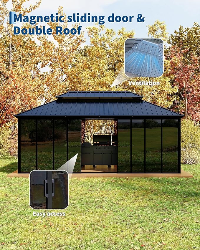 12x20 ft Hardtop Gazebo Sunroom, All-Season Outdoor Room with Aluminum Frame, Enclosed Patio Solarium with Polycarbonate Sliding Doors & Double Roof for Backyard, Deck, and Hot Tub Enclosure