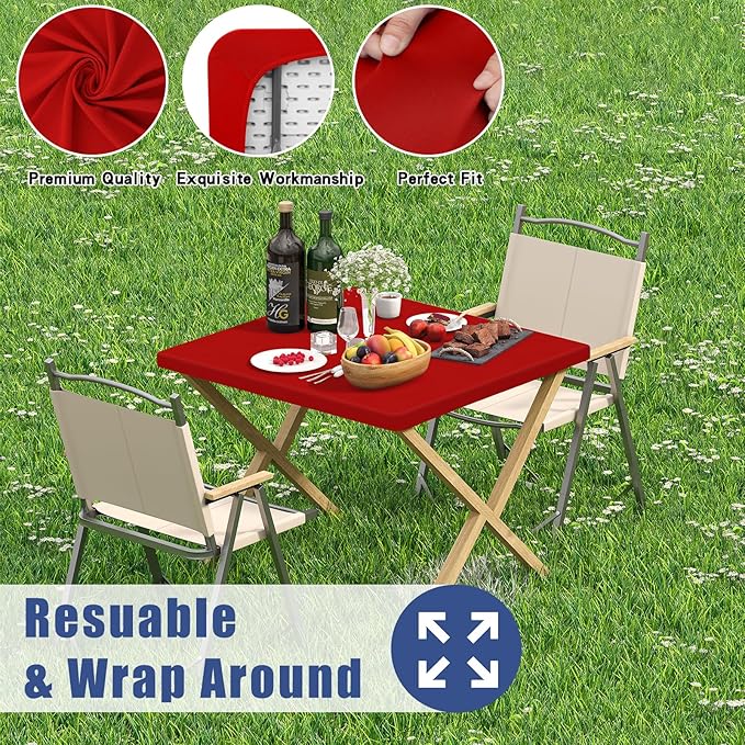 Moosfor Spandex Picnic Christmas Table Cloth 2 Pack, Elastic Fitted Tablecloths for Square Tables, Stretch Washable Patio Table Cover for Outdoor, Camping, Banquet and Parties (Red, 34"x34")