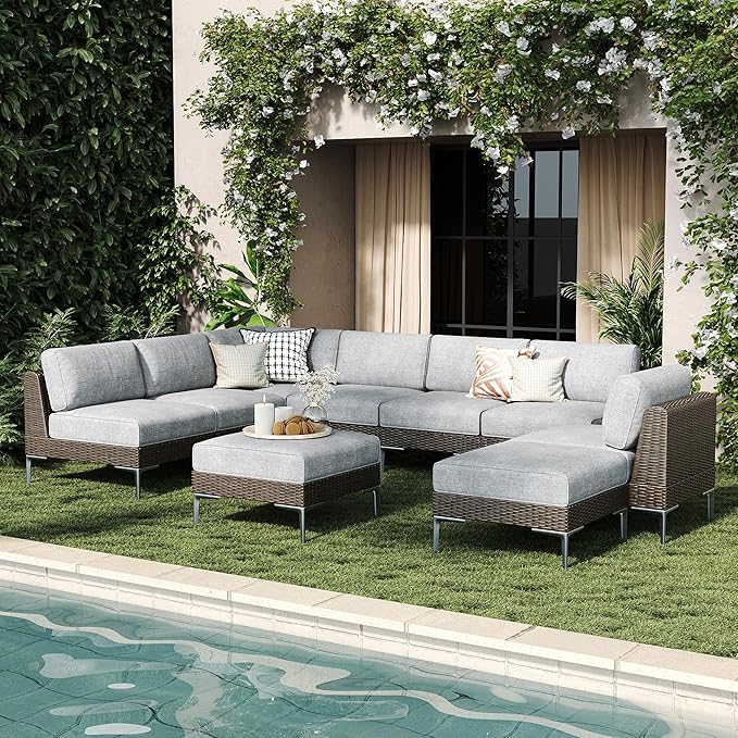 LayinSun 9-Piece Wicker Rattan Patio Furniture Set, Deep Seating Outdoor Modular Sectional Sofa Conversation Set with Thick Cushions for Lawn, Garden