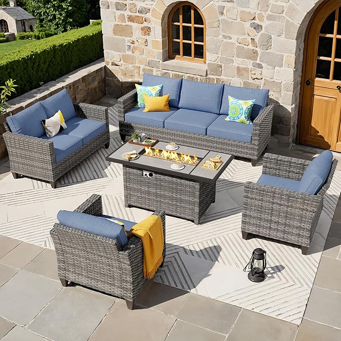 ovios 5 Pieces Patio Furniture Set, Outdoor Wicker Rattan Sofa Couch with 42" Fire Pit Table, Loveseat Chairs, Conversation Sets for Yard Porch Garden, Denim Blue