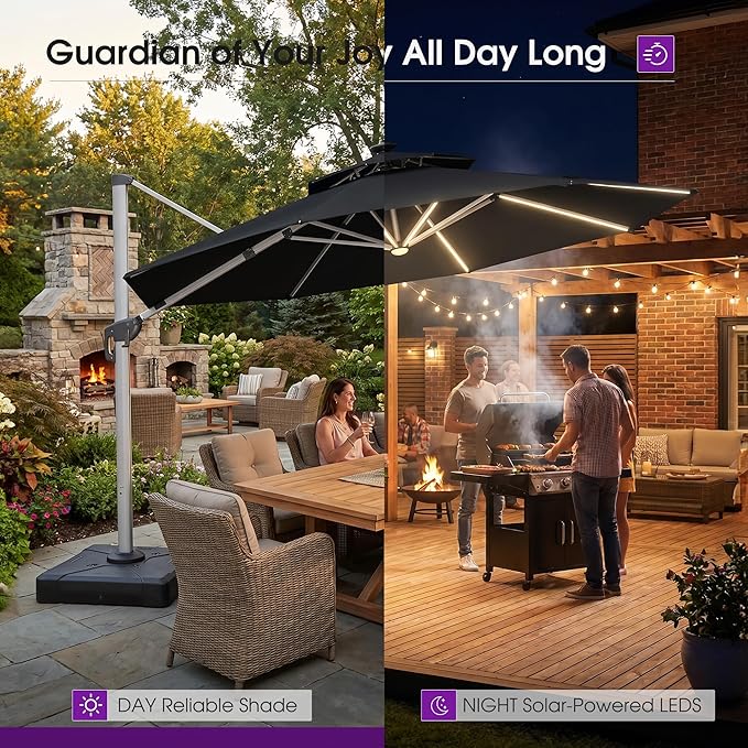 PURPLE LEAF 13ft Patio Umbrella with Lights Outdoor Round Large Cantilever Umbrella Solar Powered LED Windproof Offset Umbrella Heavy Duty for Garden Deck Pool Patio, Black