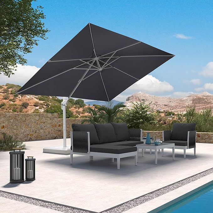 PURPLE LEAF 9' × 11.5' Patio Umbrella White Cantilever Umbrella Aluminum Square Outdoor Offset Umbrella Hanging Windproof with 360° Rotation for Garden Deck Pool, Light Grey