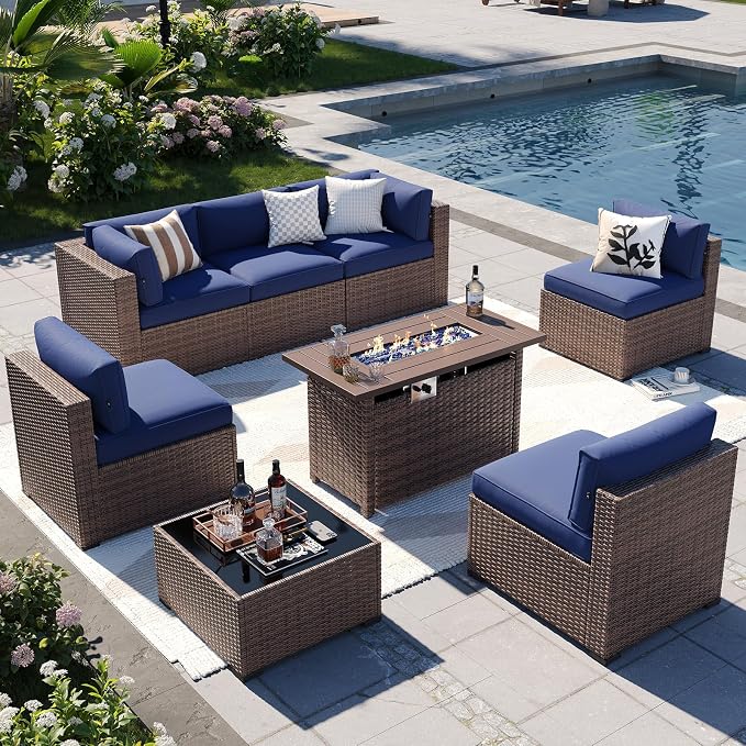 Aoxun Patio Furniture Sets, 8-Piece Outdoor Patio Furniture with 44'' Propane Gas Firepit Table, Wicker Outdoor Conversation Set Sectional Sofa for Backyard, Poolside, Garden