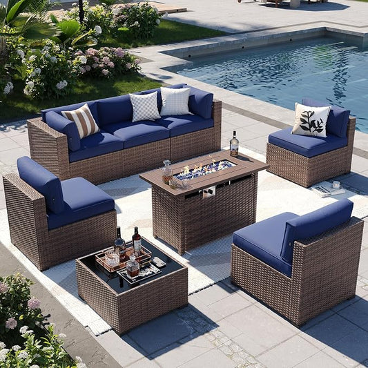 Aoxun Patio Furniture Sets, 8-Piece Outdoor Patio Furniture with 44'' Propane Gas Firepit Table, Wicker Outdoor Conversation Set Sectional Sofa for Backyard, Poolside, Garden
