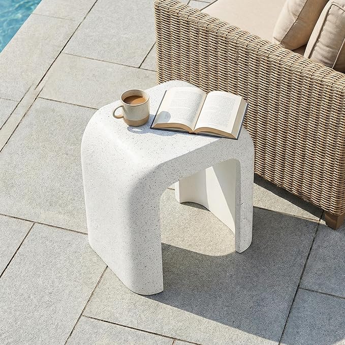 HOMPUS Outdoor Side Table, Concrete End Table w U-Shaped, Round Patio MgO Coffee End Table, Modern Accent Stone Garden Stool for Indoor Outdoor Use, Spotted White
