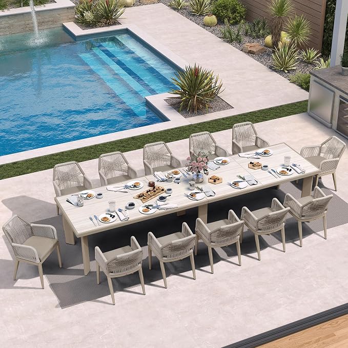 PURPLE LEAF 13 Pieces Patio Dining Set Aluminum Modern Rectangular Table and Rattan Arm Chairs with Cushions for Kitchen Porch Garden Outdoor Furniture Sets, Champagne