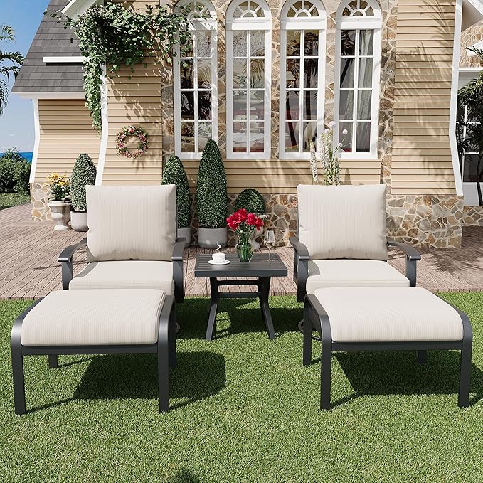HOMREST Outdoor Swivel Rocker Patio Chairs with Ottomans and Coffee Table 5 PCS Bistro Set, 360 Degree Swivel Rocking Chair Patio Conversation Set with Thickened Cushions for Garden, Deck and Poolside