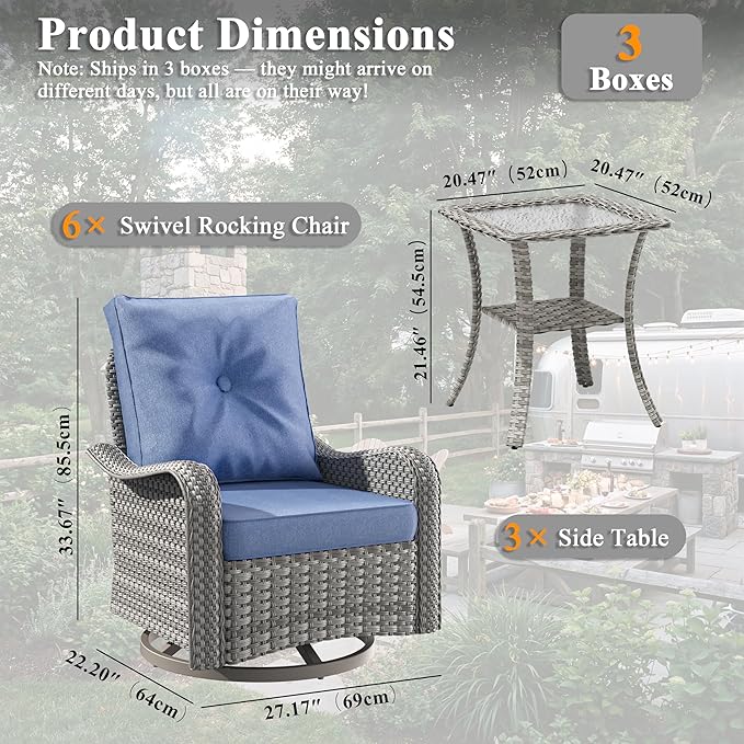 9 Piece Wicker Patio Furniture Set, Swivel Rocking Chairs with 4''Cushions, PE Rattan, Rust Resistant Frame, Double Layer Glass Side Table, for Backyard, Deck or Balcony, Navy