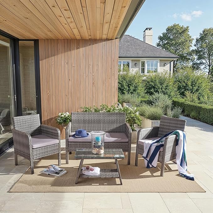 SAFAVIEH PAT7505B Collection Aboka Grey 4-Piece Outdoor Living Patio Set