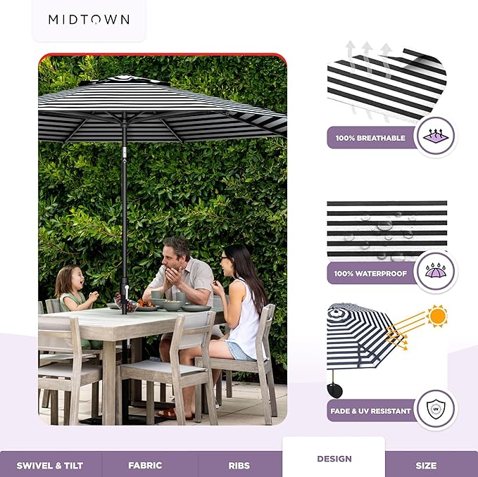 The Swilt 8 Feet Outdoor Umbrella With Terylast Zebra (Black/White Stripes) Polyester Fabric - Fiberglass Ribs, Auto-Tilt And Swivel Aluminum Frame Patio Umbrella For Deck, Garden, Pool - Black Pole