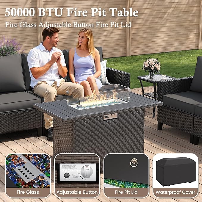 Amopatio Patio Furniture Set, 6-Piece Wicker Outdoor Sectional Sofa with Swivel Rocker Chairs, Rattan Conversation Set with Fire Pit Table and Waterproof Cover for Backyard Black/Dark Grey