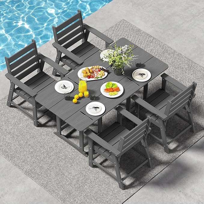 5-Piece Dining Set, HDPE Table & 4 Chairs, Grey | HDPE Dining Set: 69.1" Table + 4 Chairs, 380 lbs, 304 Stainless, All-Weather, No Rust No Crack, Outdoor Patio Garden