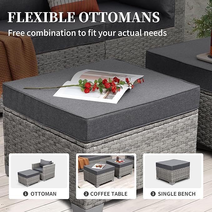 WAROOM Patio Furniture Set 6 Piece PE Rattan Outdoor Conversation Sets Grey Wicker Couch Sectional Sofa with 30" Fire Pit Table and Grey Cushion