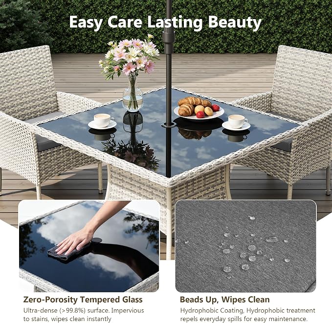 Outdoor Dining Set, 5-Piece Patio Furniture Set with Tempered Glass Table and 4 Cushioned Chairs, Dual-Strand Wicker Rattan, Balcony Furniture for Backyard, Garden, Deck,– Gray
