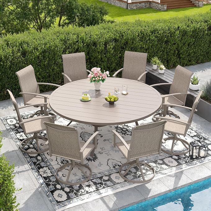 DIFY 9 Pieces Outdoor Dining Set for 8, 63" Round Metal Table with Umbrella Hole and Textilene Swivel Patio Chairs, Patio Table and Chairs Set for Garden, Backyard, Poolside, Sandshell