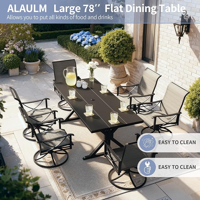 Kurapika 7-Piece Patio Dining Set, Outdoor Cross-Legged Large-Top Table with Umbrella Hole and 6 Swivel/Rocking Chairs, Patio Furniture Set for Garden, Deck, Brown