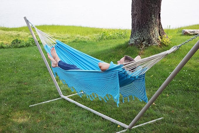 Bahia Brazilian Patio Hammock Crochet Cotton Hammock Double Hammock for Two People Outdoor Patio Swing Chair Hand Woven Mayan Hammock Use Inside Outside Backyard Decor Porch Swing - Blue