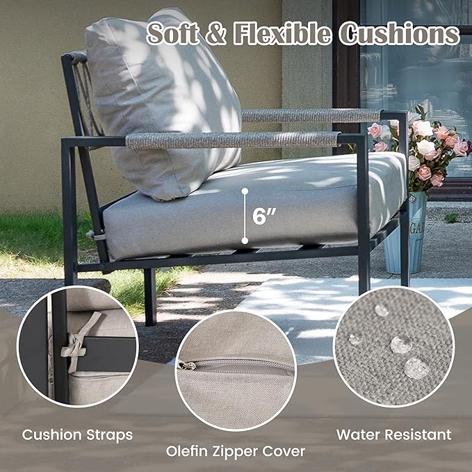 2 Pieces Rattan Outdoor Furniture Set, All-Weather Patio Loveseat with Warm Grey Cushions and Coffee Table for Garden, Backyard, Balcony, Poolside