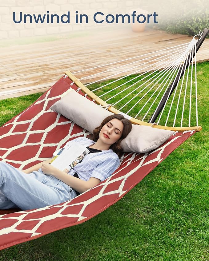 SONGMICS Hammock, Quilted Double Hammock with Padded Pillow, 78.7 x 55.1 Inches, 495 lb Weight Capacity, Portable for Outdoor Relaxation, Garden, Patio, and Camping, Red UGDC034R02V1