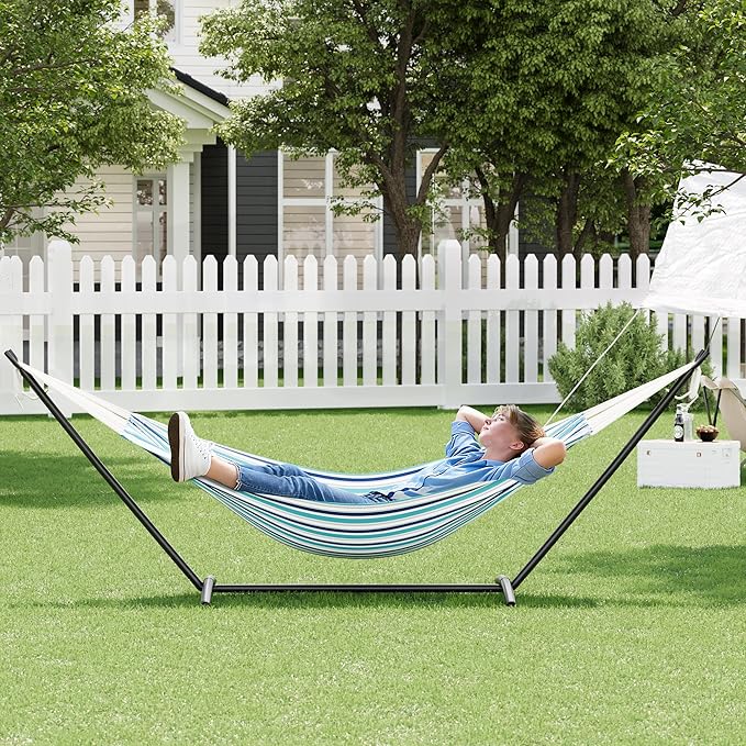 Double Hammock with Stand - Heavy Duty 450lbs Capacity, Portable Cotton Hammock for Two Adults, Indoor & Outdoor Use with Travel Bag, Ocean Stripe Pattern