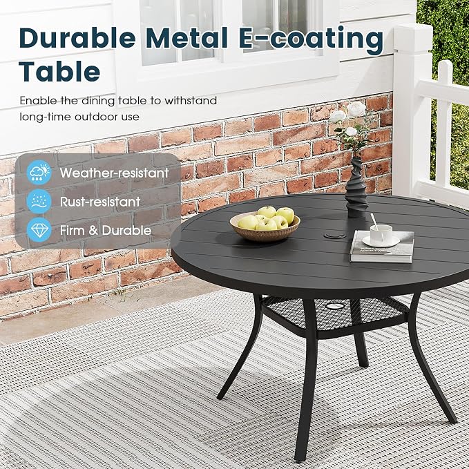 5 Pieces Outdoor Patio Dining Set, 40.6" All Weather Round Metal Table with Umbrella Hole and Storage Shelf, 4 High Back Textilene Swivel Chairs for Garden, Lawn, Black Table & Brown Chairs