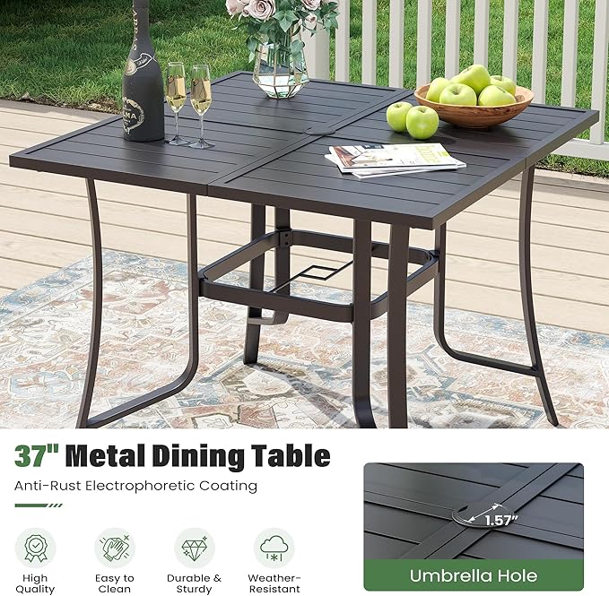 UDPATIO 5 Piece Outdoor Patio Table and Chairs Set for 4, 37" Black Square Table with Umbrella Hole, Metal Brown Patio Chairs Set of 4, Patio Table with Chairs, Outdoor Patio Dining Set for Lawn
