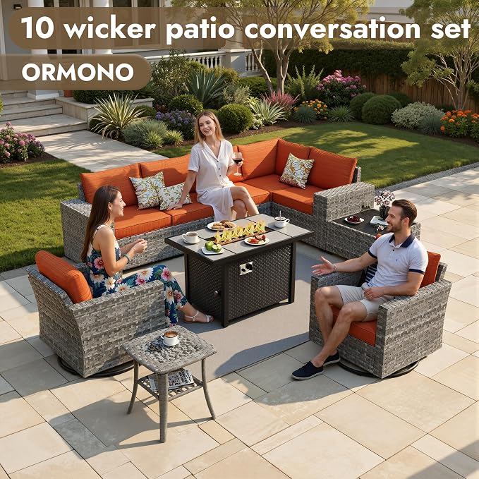 10 Pieces Outdoor Patio Sectional, Wicker Patio Furniture Set with 42 inch Fire Pit Table, All-Weather L Shaped Patio Conversation Set with Swivel Chairs, for Backyard Porch Yard,Orange