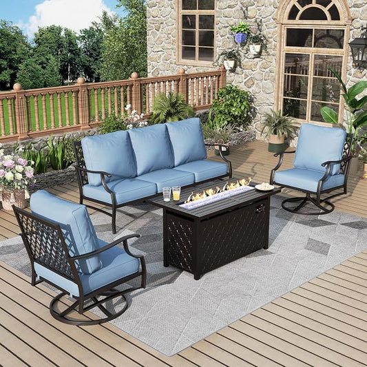 MIXPATIO Patio Furniture Set with Firepit Table, 4 Pcs Metal Outdoor Conversation Set, 2 Swivel Chairs and 3 Seater Sofa with 5.75" Extra Thick Cushion and Gas Fire Pit Table for Backyard Deck, Blue