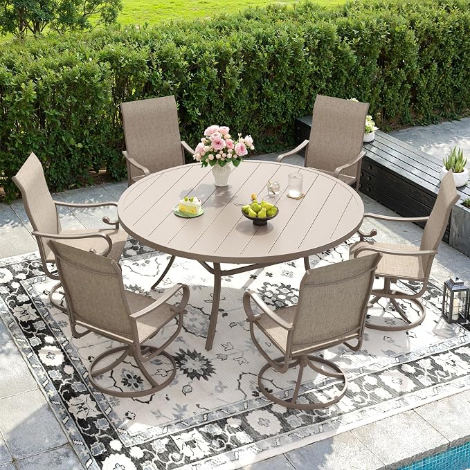 DIFY 7 Pieces Outdoor Dining Set for 6, Outdoor Furniture Set of 6 Textilene Swivel Patio Chairs, 50" Round Metal Dining Table with Umbrella Hole, for Garden Deck Backyard, Sandshell