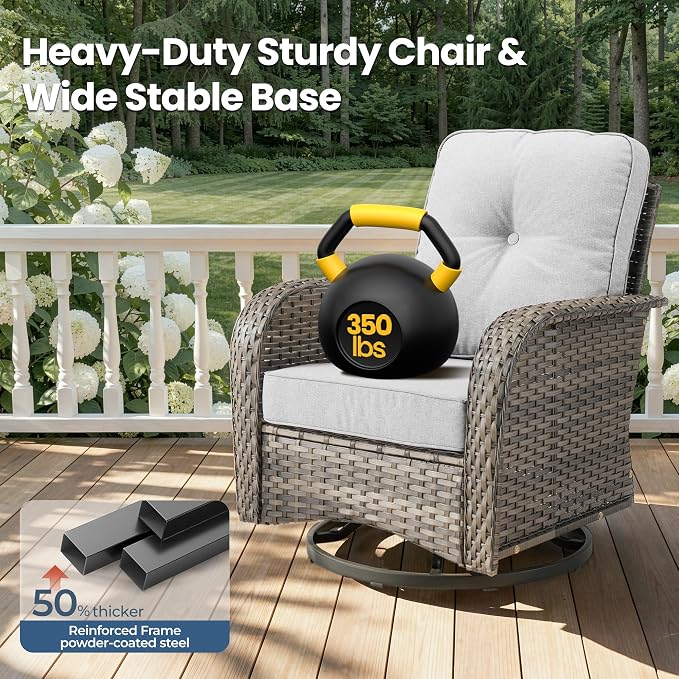 7 Piece Wicker Patio Furniture Set with Swivel Rocker Chairs, Gray | High Back Rocking Chair Sofa, Heavy Duty All Weather Rattan Outdoor Conversation Set, Thick Cushion, Balcony Porch Backyard