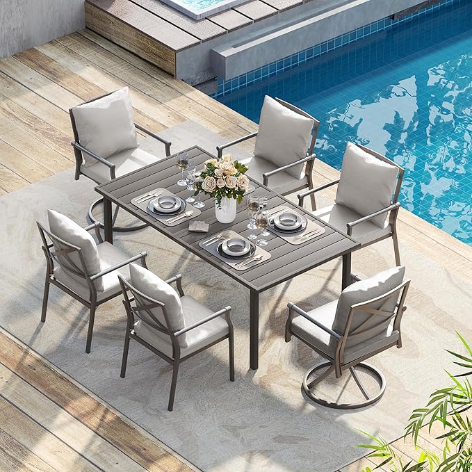 HAPPATIO Patio Dining Set, Powder-Coated Metal Outdoor Table and Chairs Set for 6,4 Chairs and 2 Swivel Rockers with Thick Cushions, 60" Rectangular Table with 1.5" Umbrella Hole for Deck Backyard