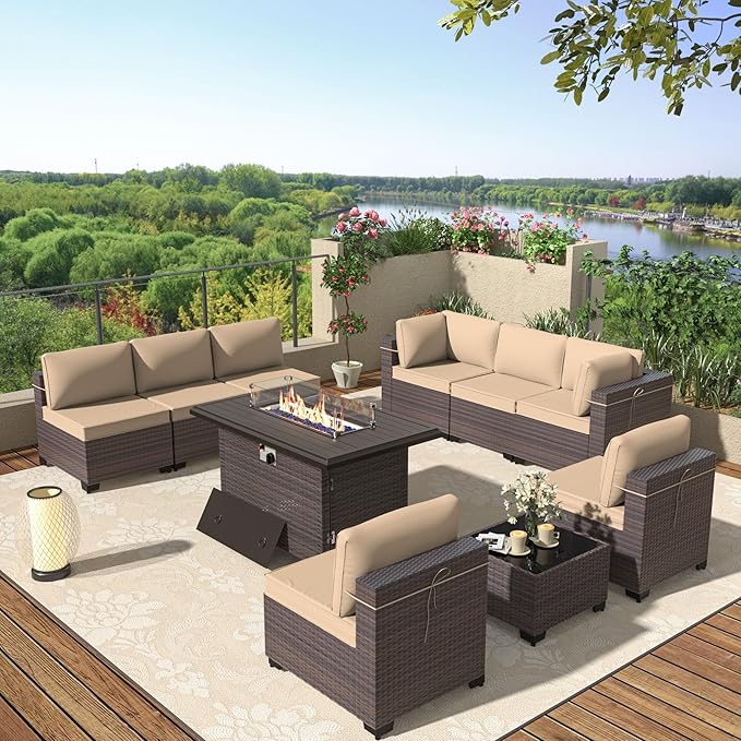 Patio Furniture Set with Fire Pit Table 10 Pieces Outdoor Sectional Sofa Set,PE Rattan Wicker Patio Conversation Set w/43in 55000 BTU Propane Fire Pit Table,Sand