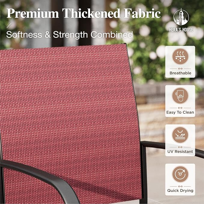 HERA'S HOUSE 7pc Outdoor Patio Dining Set, Wood-Look Metal Table, Red | 64" rectangular table with umbrella hole, 6 textilene chairs. Waterproof, rust-resistant, all-weather for backyard, porch