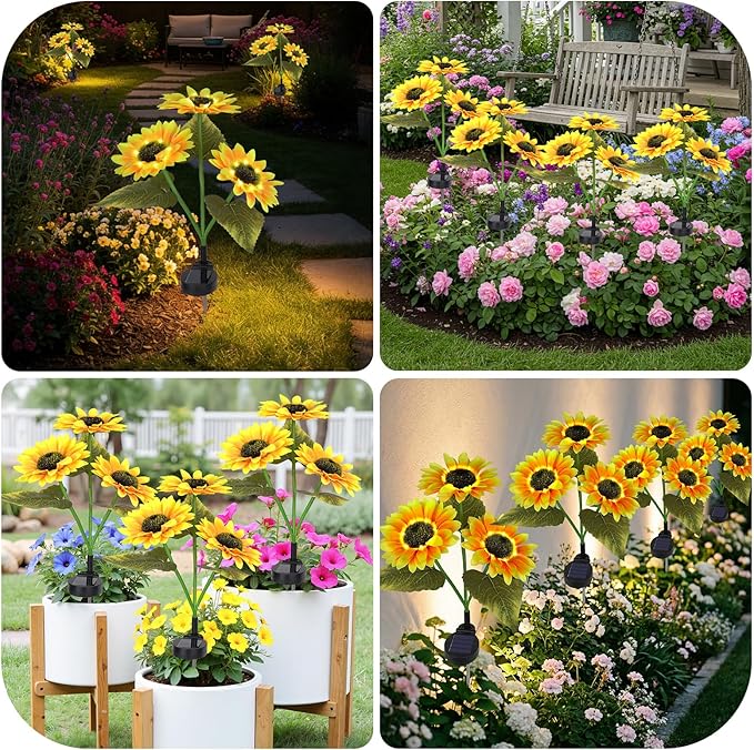 Solar Path Lights Outdoor 4 Pack, LED Flower & Sunflower Decor, Waterproof Auto On/Off, Bigger Solar Panel for Yard, Patio, Garden Walkway Decoration Gift for Mom (Yellow)