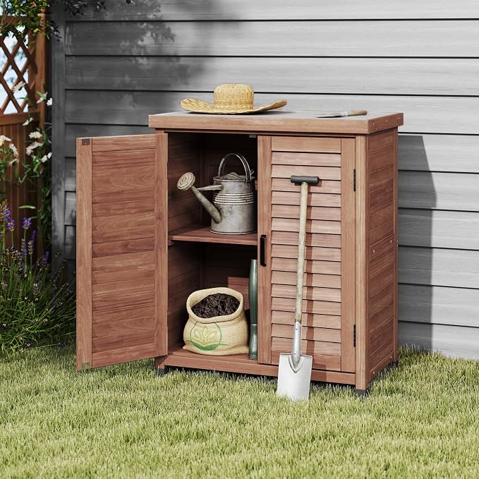 Wooden Outdoor Storage Cabinet, Outdoor Bar Table Cabinet with Storage, Outdoor Buffet Sideboard for Patio, Garden, Potting Bench, TV Stand, Bar Table, Balcony, Brown