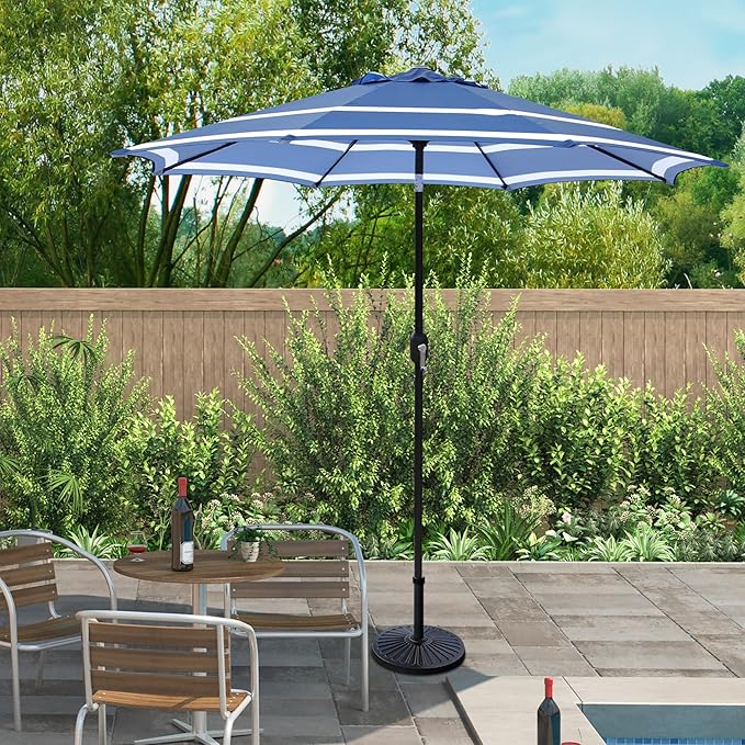 ABBLE Outdoor Patio Umbrella 9Ft Stripe Royal with Crank and Tilt - Market, Picnic, Pool, Garden, Deck, Backyard and Beach - Blue & White