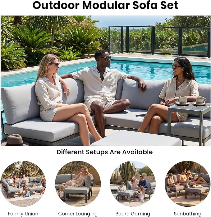 Patio Sectional Sofa Set for 4/5, All Weather Patio Furniture Set, Outdoor Patio Conversation Set with Cushions, Modular Patio Sofa Couch with Ottoman/Rolling Side Table for Fire Pit, Grey