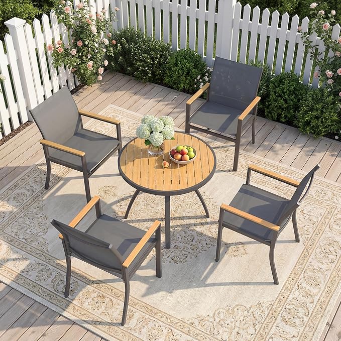 5-Pieces Aluminum Patio Table and Chairs Set, Outdoor Patio Furniture Set with Heavy Duty HDPS Round Table, All-Weather Outdoor Dining Set with Breathable Quick-Drying Textilene Chairs for Patio