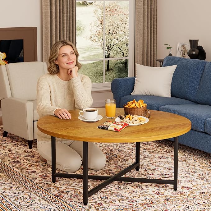 FAMIDGE Coffee Table, 31.5" Large Round Coffee Table for Living Room, Center Tables for Family & Office Use, Outdoor Coffee Table Round, Oak Brown(31.5" D x 17.7" H)