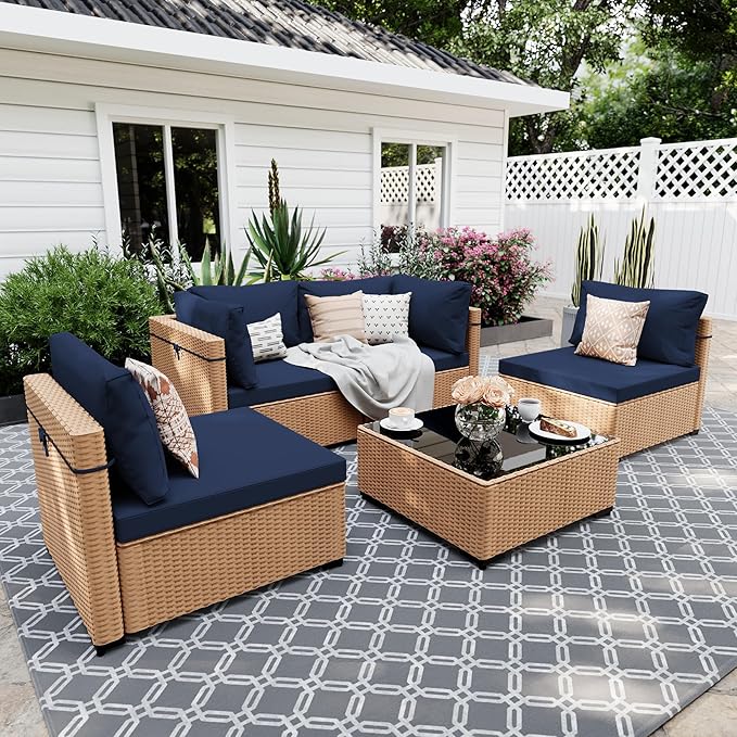 UPHA 5 Pieces Patio Furniture Sets, Wicker Outdoor Sectional Sofa Couch with Coffee Table, Patio Conversation Set for Deck Backyard Garden, Beige Rattan, Navy Blue Cushion