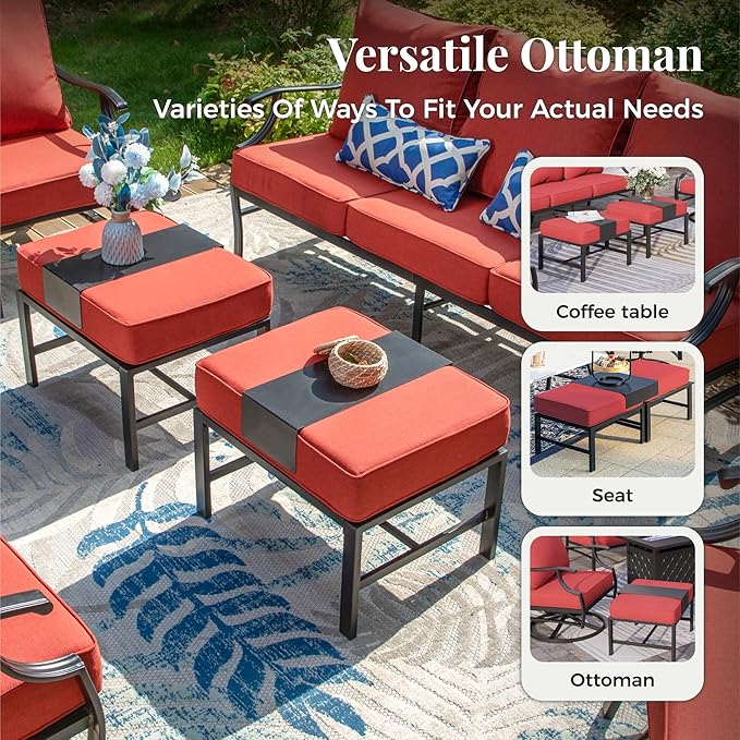 Patio Furniture Set 5 pcs, Outdoor Patio Furniture, 3-Seat Sofa, 2 Rocking Chairs, 2 Ottomans and 5.75" Extra Thick Cushion, Patio Conversation Set for Garden Backyard Deck,Red